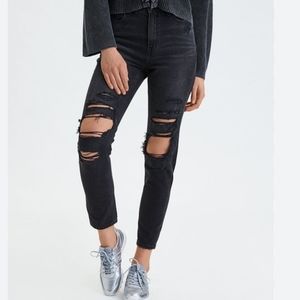 AMERICAN EAGLE Black Distressed + Torn Mom Denim Jeans